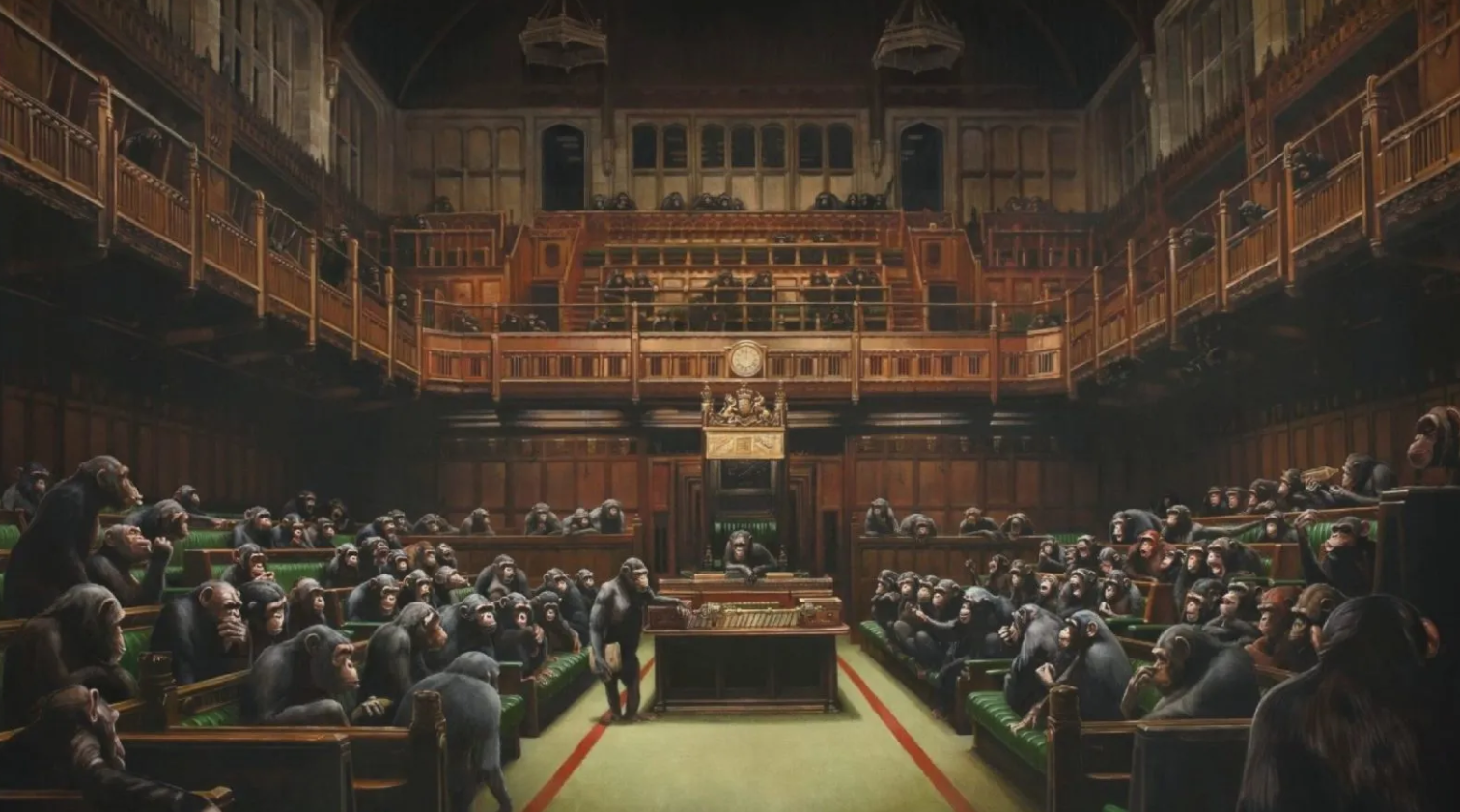 Banksy's artwork depicts chimpanzees in the House of Commons in the UK. Source: Prestige Hong Kong