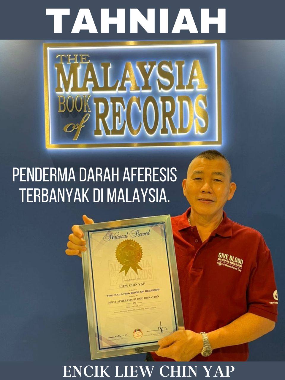 61-year-old Mr Liew Chin Yap has been recognised by the Malaysian Book of Records as being the Malaysian who has undergone the most amount of apheresis blood donations. Image credit: National Blood Bank
