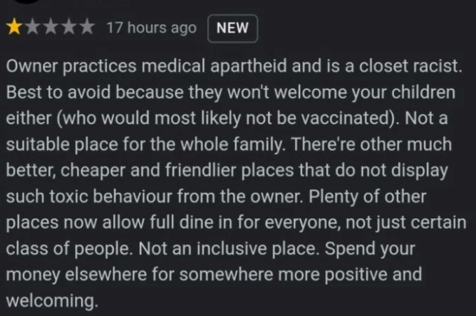 Anti-vaxxers have bombarded RGB Cafe's Google Review page with negative reviews, after the cafe stated that they will only allow fully-vaccinated customers to dine-in. Image credits: Google