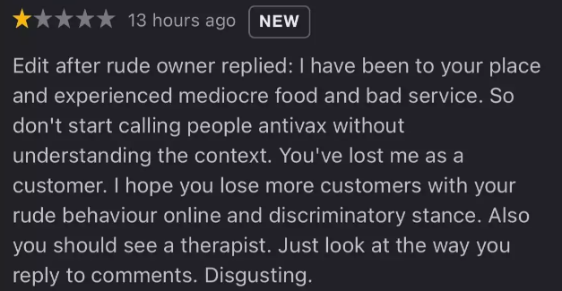 Anti-vaxxers have bombarded RGB Cafe's Google Review page with negative reviews, after the cafe stated that they will only allow fully-vaccinated customers to dine-in. Image credits: Google