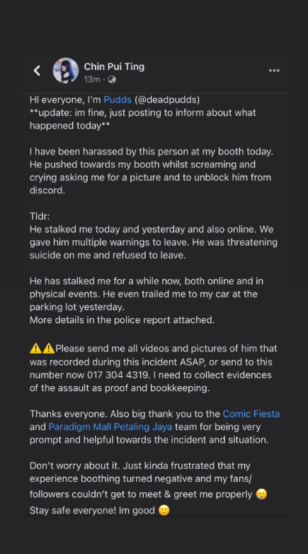 Chin recounted her experience over social media, after she was approached by a stalker during AnimeFest. Image credit: @deadpudds