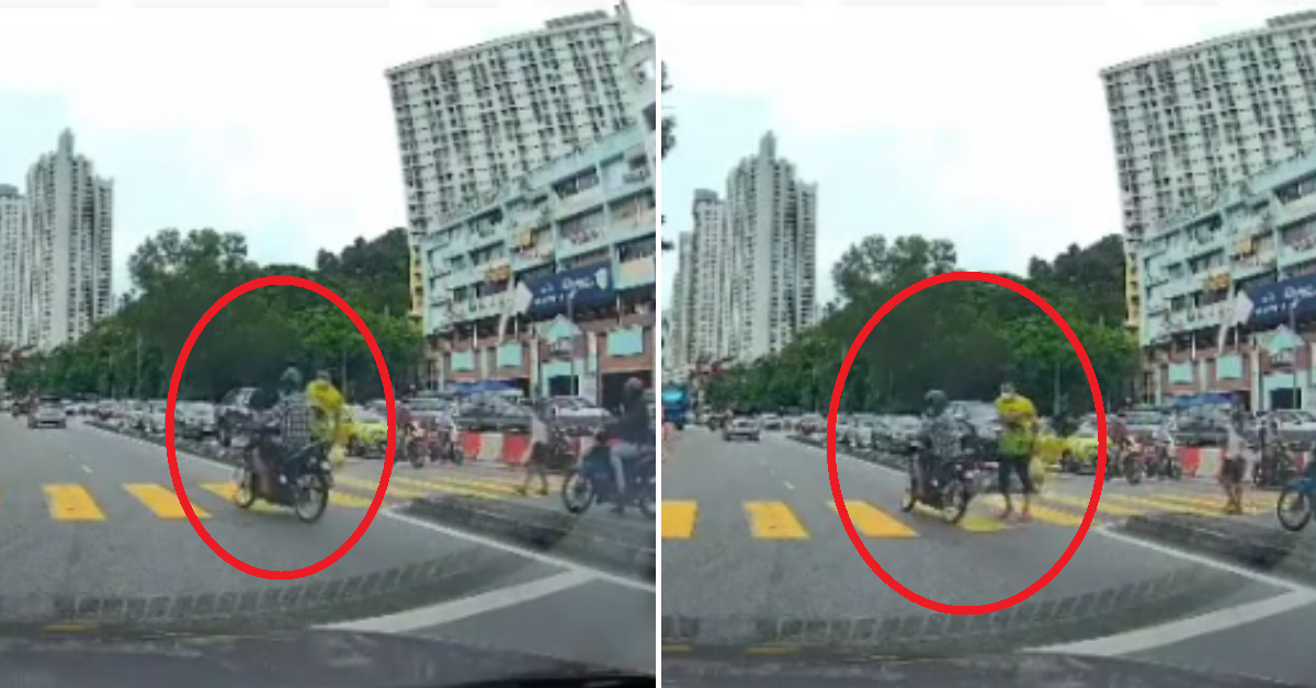 Pedestrian smacks motorcyclist with bag for running red light at zebra ...