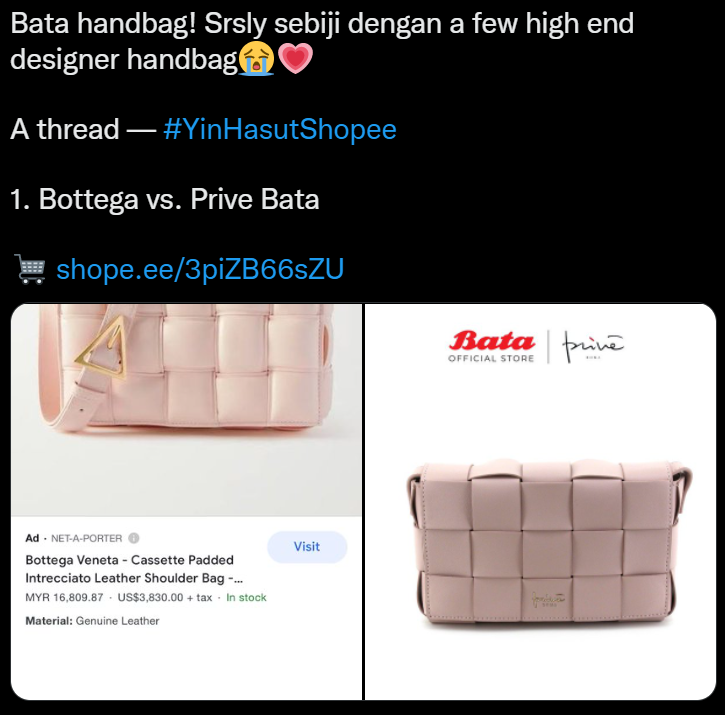 A netizen has recently gone viral for showing how Czech shoe brand Bata has released a new line of handbags inspired by designs of luxury fashion houses. Image credit: Twitter