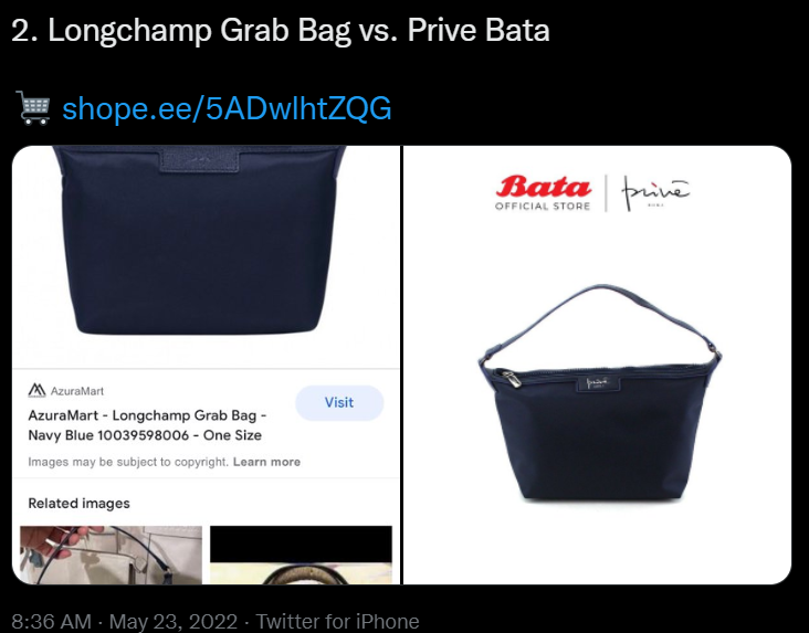 A netizen has recently gone viral for showing how Czech shoe brand Bata has released a new line of handbags inspired by designs of luxury fashion houses. Image credit: Twitter