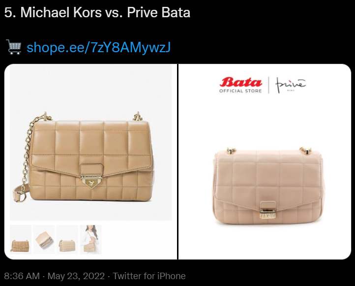 A netizen has recently gone viral for showing how Czech shoe brand Bata has released a new line of handbags inspired by designs of luxury fashion houses. Image credit: Twitter