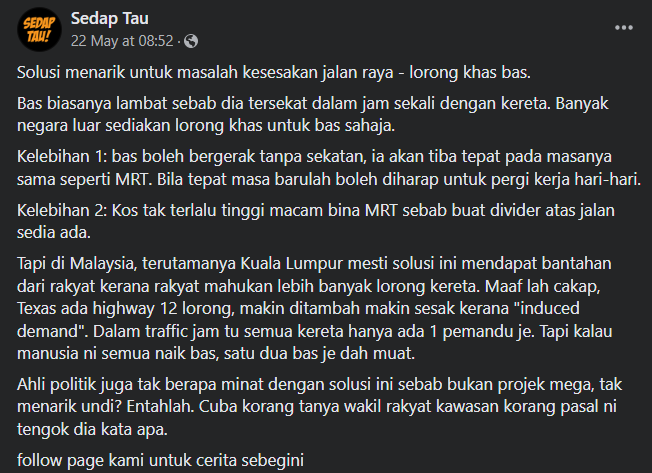 Netizens have pointed out that the Malaysian bus system faces delays as they have to share congested roadways with other traffic. Image credit: Sedap Tau