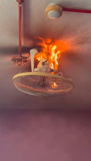 The faulty fan eventually burst into flames. Image credit: @ArepAshari