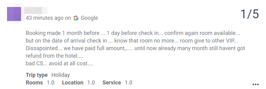 The hotel has been bombarded with 1-star reviews on Google after the fiasco. Image credit: Google