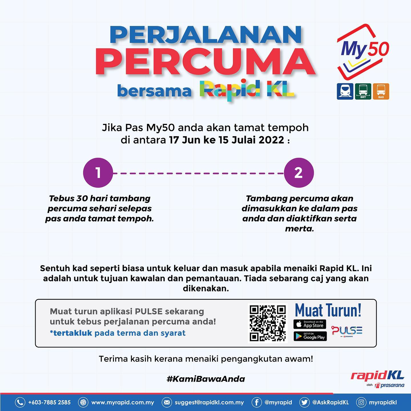 Those who have already renewed their My50 passes can still enjoy 30 days of free rides. Image credit: RapidKL