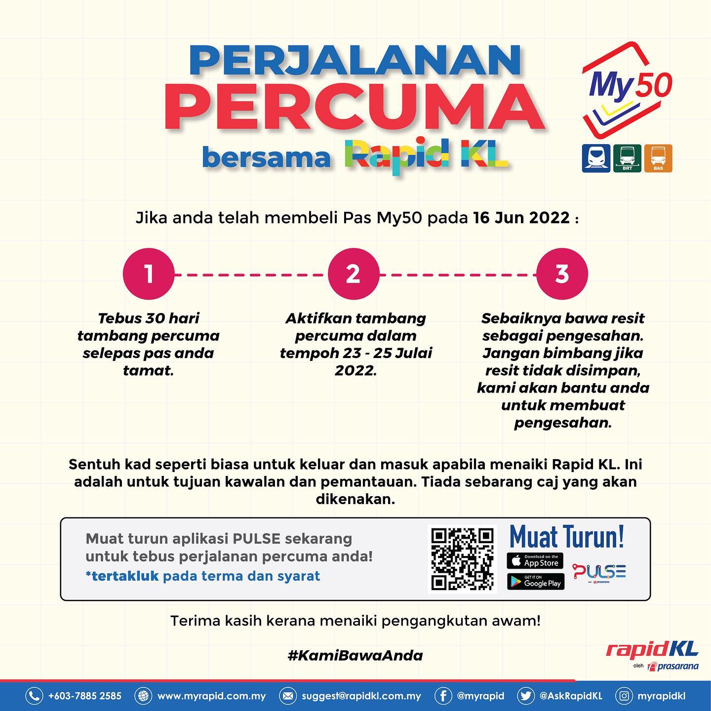 Those who have already renewed their My50 passes can still enjoy 30 days of free rides. Image credit: RapidKL