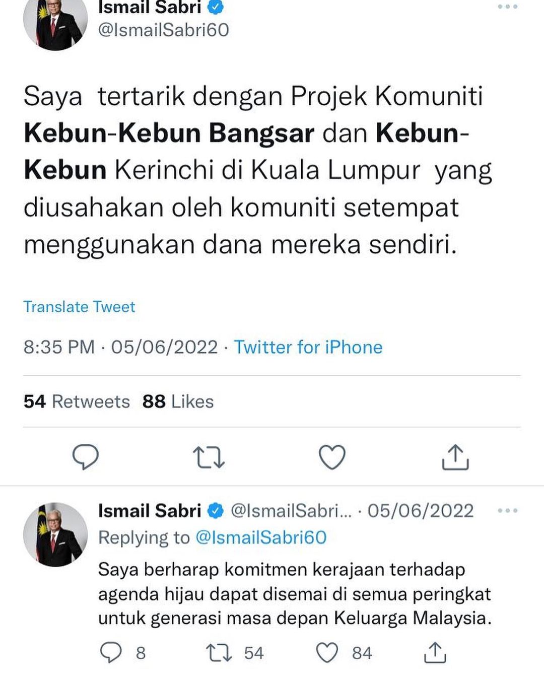 Prime Minister Ismail Sabri had previously praised Kebun-Kebun Bangsar for their efforts on World Environment Day. Image credit: kebunkebunbangsar