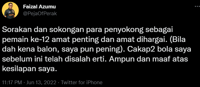 The Malaysian Youth and Sports Minister has since issued an apology over his remarks regarding the national football team's loss due to cheers from fans. Image credit: @PejaOfPerak