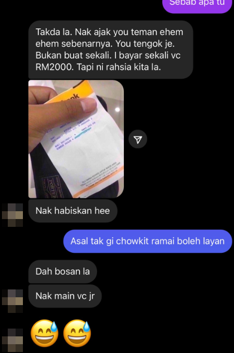 Netizen Janna was harassed by a man who offered her RM5,000 to watch him masturbate on video call. Image credit: r0sethang