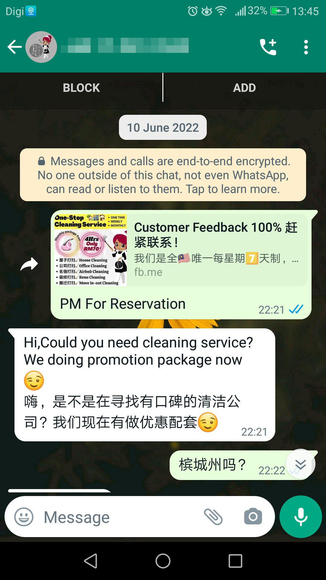 Facebook user Leng shares how a 'cleaning company' on Facebook scammed her of her money in minutes. Image credit: HL Leng