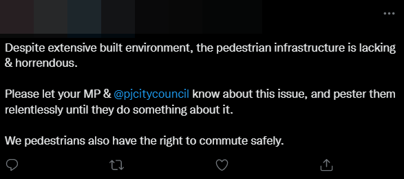 Netizens have shared similar gripes over a lack of facilities for pedestrians. Image credit: Twitter