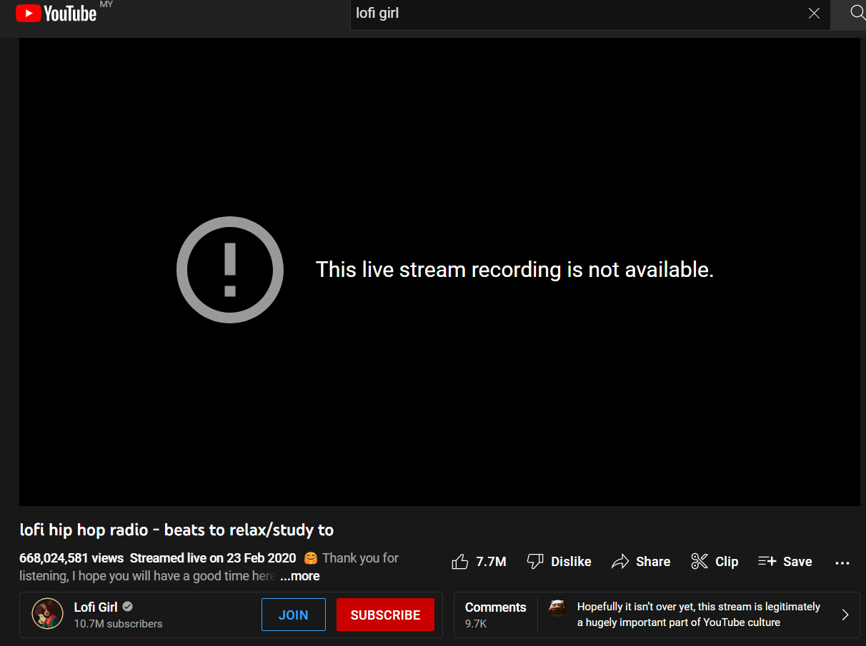 The popular livestream hosted by 'LoFi Girl' was recently removed by YouTube over a copyright strike. Image credit: YouTube