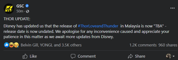 The release of 'Thor, Love and Thunder' has been pushed back indefinitely. Image credit: GSC