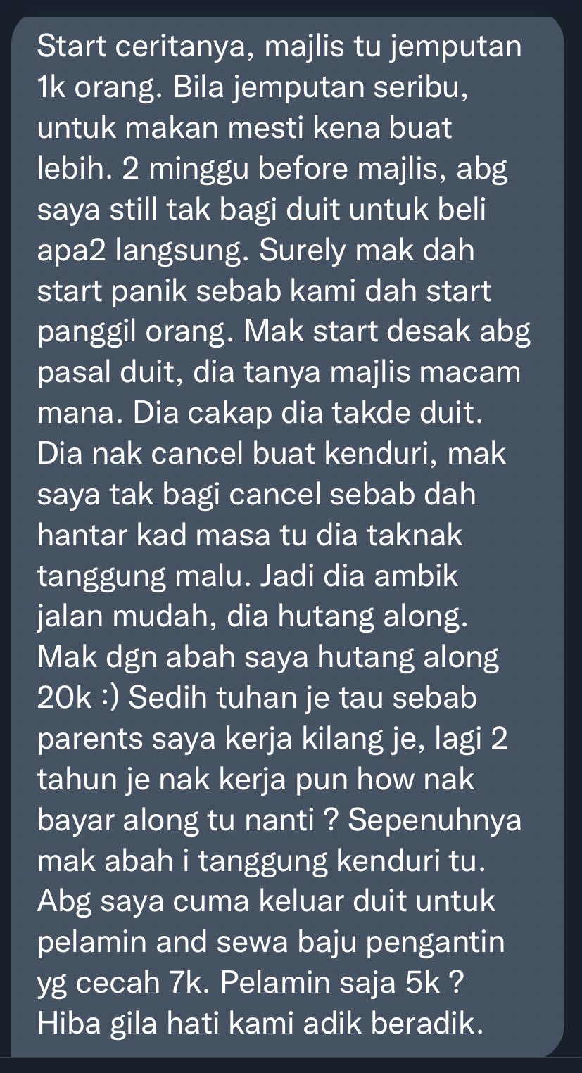 An annonymous woman shared how her parents borrowed RM20k from loan sharks to pay off her brother's wedding. Image credit: TwTWedding