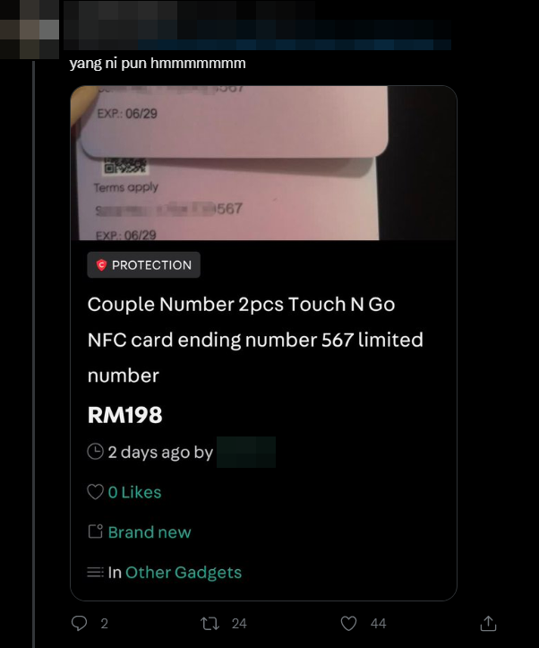 One scalper is selling the NFC enhanced Touch'n Go cards at RM198 for two pieces. Image credit: Twitter