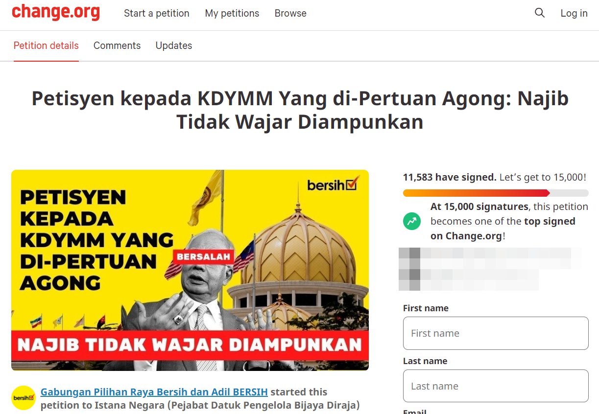 Electoral watchdog group BERSIH has launched a petition with hopes of requesting His Majesty the Yang di-Pertuan Agong to deny Najib a royal pardon. Image credit: Change.org