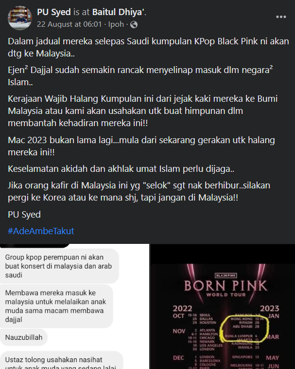 Local preacher PU Syed has demanded the Malaysian government to prevent BLACKPINK from performing in Malaysia. Image credit: PU Syed