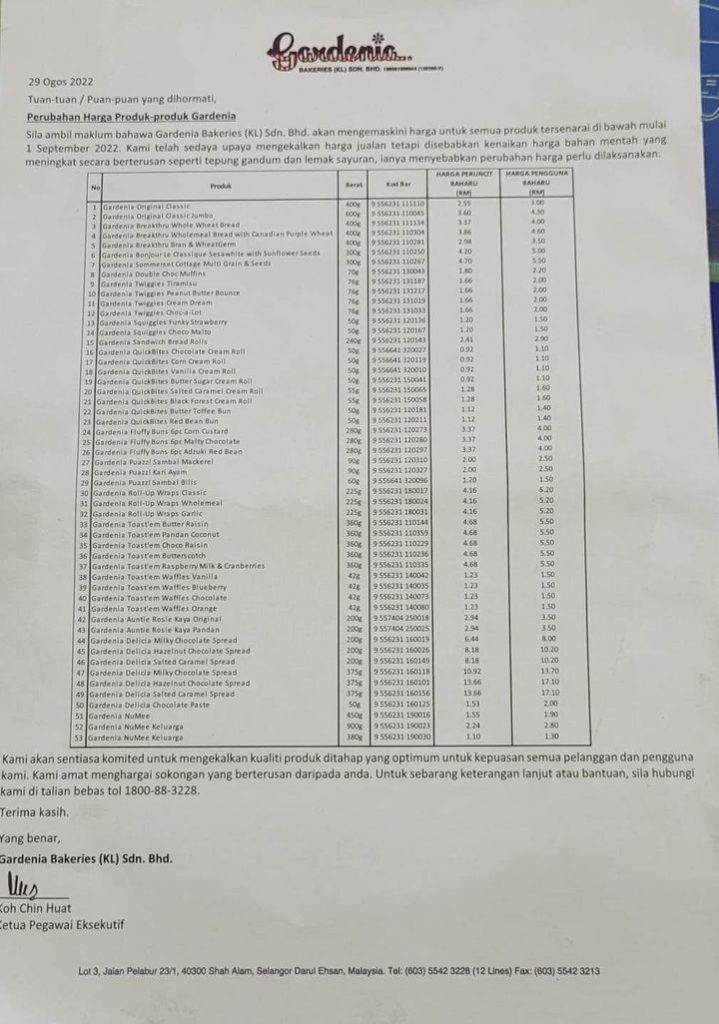 Gardenia Bakeries Malaysia has raised the prices of 53 products. Image credit: Facebook