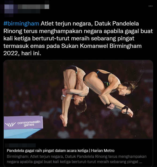 A local newspaper has caught the ire of netizens after describing national diving athlete Datuk Pandelela Rinong's performance as 'disappointing'. Image credit: Twitter
