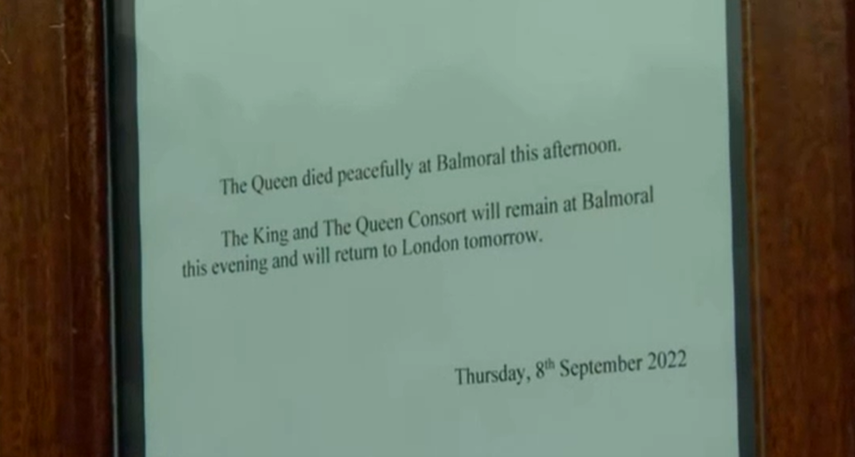 The formal statement released by Buckingham Palace with regards to Queen Elizabeth II's passing. Image credit: BBC