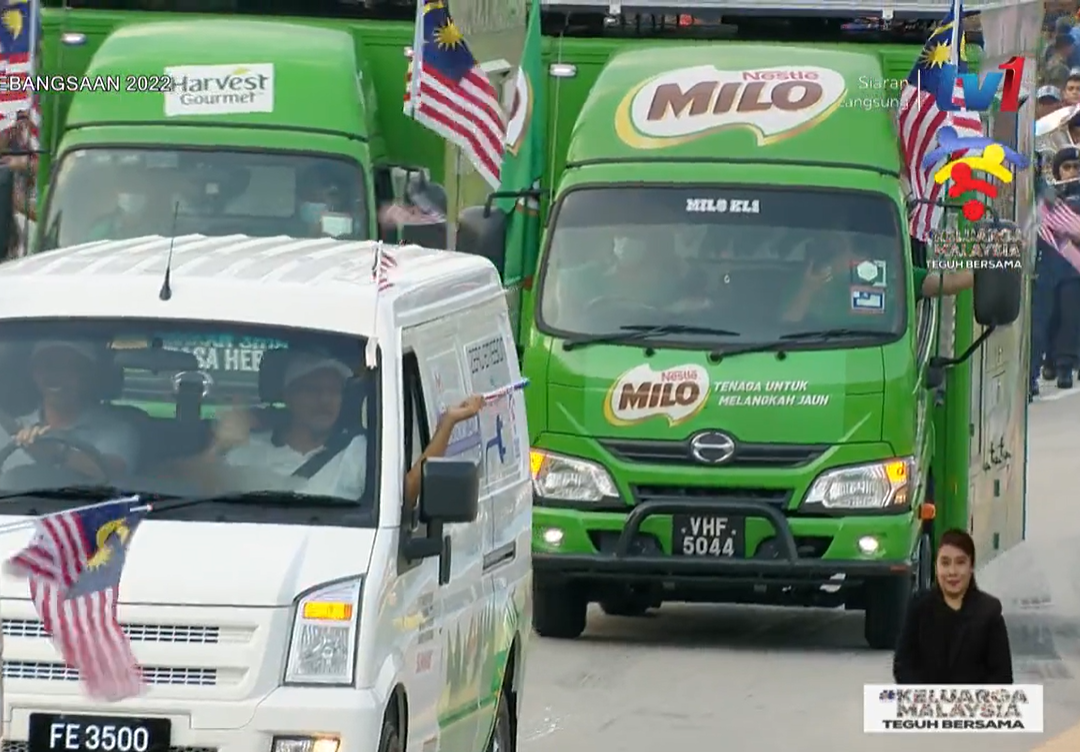 Iconic MILO trucks that were part of so many Malaysian childhood memories were also present at the National Day parade. Image credit: RTM