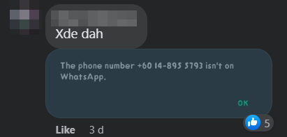 Checks by netizens reveal that the scammer's phone number is no longer active on WhatsApp. Image credit: Facebook
