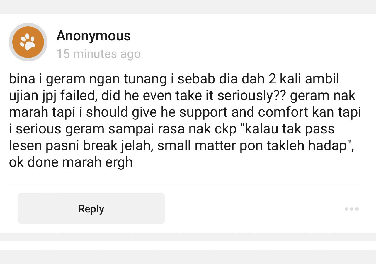 A Malaysian woman threatens to break-up with her fiancé if he fails his driver's test a third time. Image credit: ketengahketepi