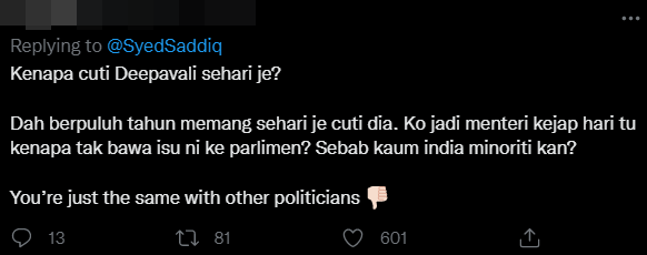 Some say that there was no reason to add any new public holidays to Deepavali, and asked why Syed failed to raise the matter before when he was a Minister. Image credit: Twitter