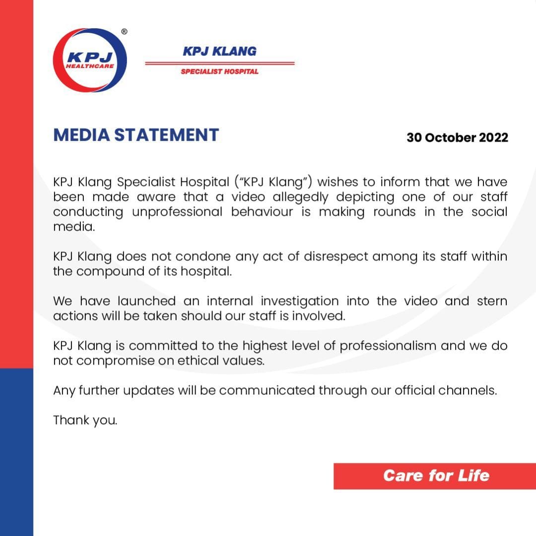 A statement issued by KPJ Klang Specialist's Hospital over the kolam incident. Image credit: KPJ KLANG Specialist Hospital