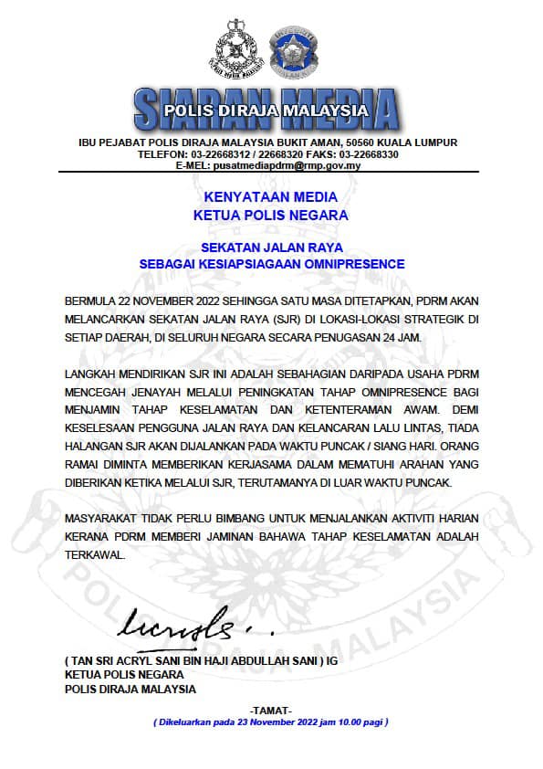PDRM will be mounting nationwide, 24-hour roadblocks starting November 22nd. Image credit: Polis Diraja Malaysia ( Royal Malaysia Police )