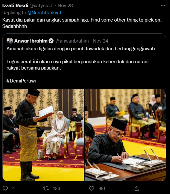 One netizen indicates that the Anwar had owned the LV loafers even before his appointment as PM, as he was seen wearing them during his swearing-in ceremony. Image credit: @xatyrosdi via Twitter