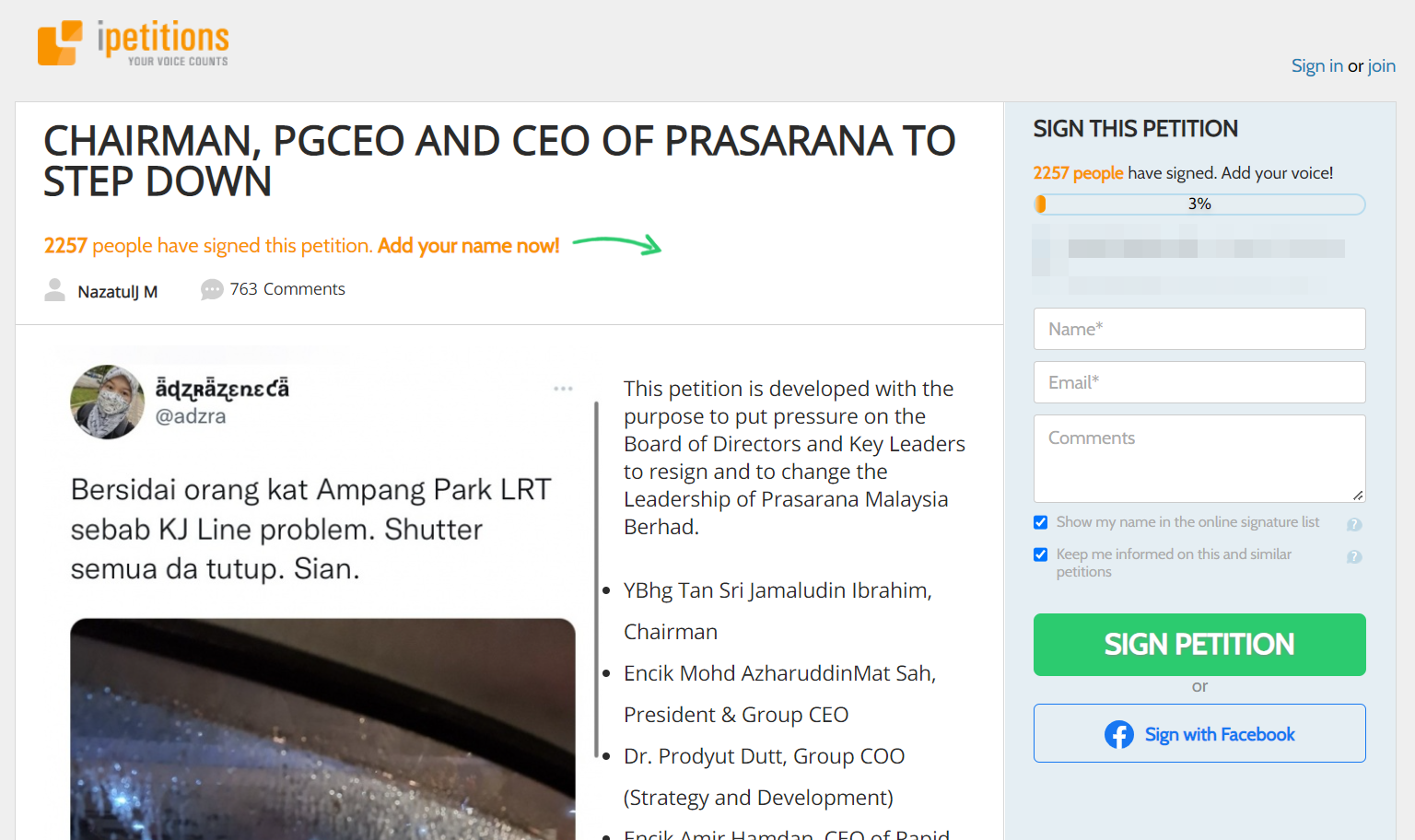 A petition calling for the resignation of Prasarana leadership is gaining traction over the LRT station closures. Image credit: iPetitions