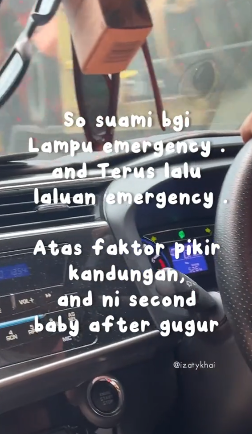 Her husband then immediately moved into the emergency lane and turned on their hazard lights to rush her to the nearest clinic. Image credit: izatykhai